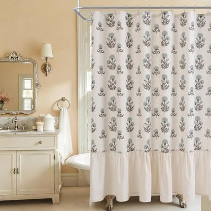 ORTIGIA Linen Textured Ruffle Shower Curtain with Metal Hooks, Vintage Blue Floral Block Print Boho Waterproof Bath Curtain for Rustic Farmhouse Bathroom Decor 72x72 Inch