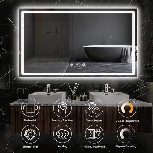 60"x 36" LED Bathroom Mirror with Lights, Backlit + Front Lit Vanity Mirror