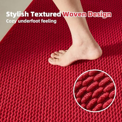 TYUU Christmas Bathroom Rugs Non Slip Washable, Super Absorbent Thin Bath Mat Quick Dry Low Pile Bathroom Rug, Red 20"x48"