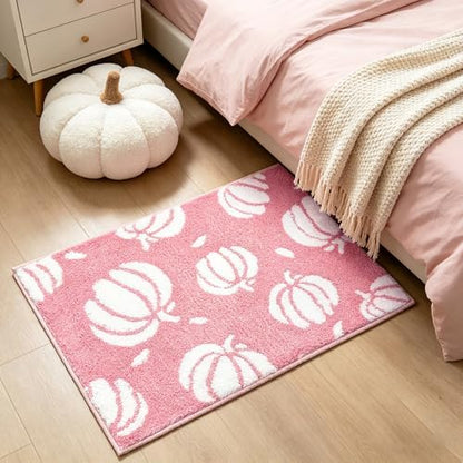 APROPHIC Fall Pumpkin Bath Mats for Bathroom, Thanksgving Super Absorbent Non-Slip Microfiber Shaggy Bath Rugs, Autumn Bathroom Mat for Shower, Tub, Sink, Decor, Machine Washable, 20x30 in, Pink