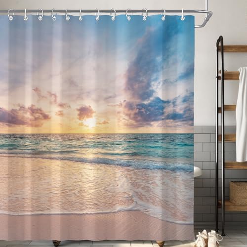 Ocean Beach Coastal Sea Scene Shower Curtain for Bathroom 72W*72H Inch Seaside Nautical Summer Sunset Sunrise Beachy Bathtub Decor Waves Seacoast Hawaiian Aesthetic Waterproof Polyester Fabric