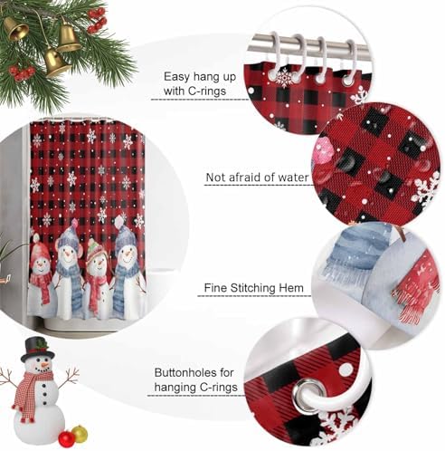 Christmas Snowman Shower Curtain Bathroom Set Red Black Buffalo Plaid Waterproof Shower Curtains with Grommets Hooks Xmas Snowflakes Privacy Bath Curtain for Bathtub Decor 72x72in