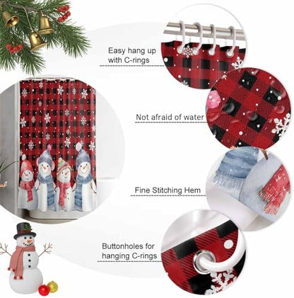 Christmas Snowman Shower Curtain Bathroom Set Red Black Buffalo Plaid Waterproof Shower Curtains with Grommets Hooks Xmas Snowflakes Privacy Bath Curtain for Bathtub Decor 72x72in