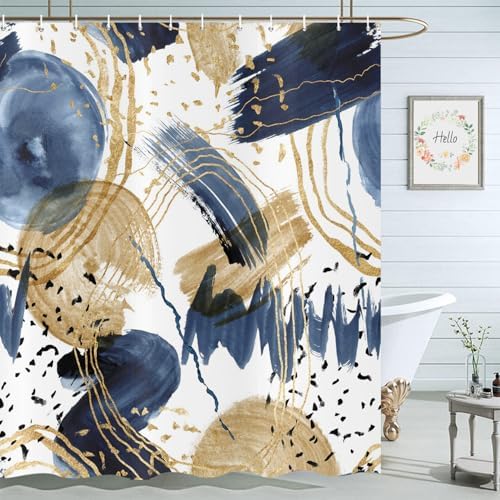 deFouliao Boho Shower Curtain, Mid Century Abstract Blue Gold Waterproof Shower Curtain for Bathroom Bathtub Home Curtain Decor, Washable with Hooks, 65Wx72L