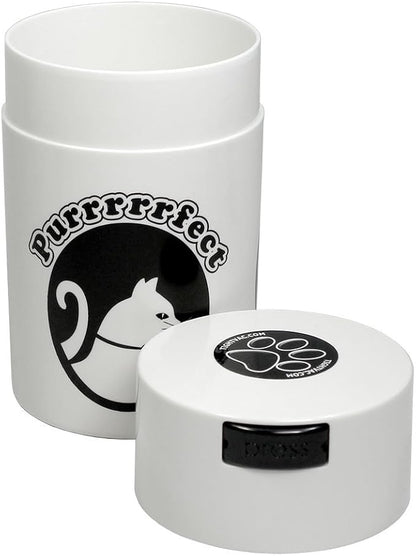 Tightpac Pawvac 1 to 6 Ounces Container, Airtight Pet Food and Treats Storage Jar - Patented Vacuum Seal Container for Pet Food, Treats and other Dry Goods - White with Cats