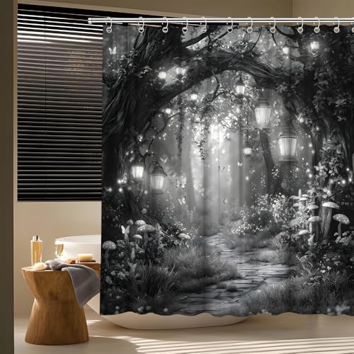 Fantasy Forest Path Shower Curtain Grey Fairy Magical Enchanted Misty Jungle Mushroom Floral Tree Butterfly Lantern Wonderland Bath Curtain Fabric Bathroom Accessories Decor with Hooks 84W x70L