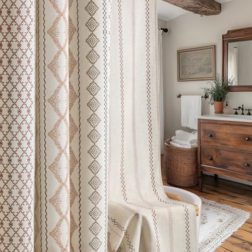 Beige Boho Linen Shower Curtain,72" W x 78" L
