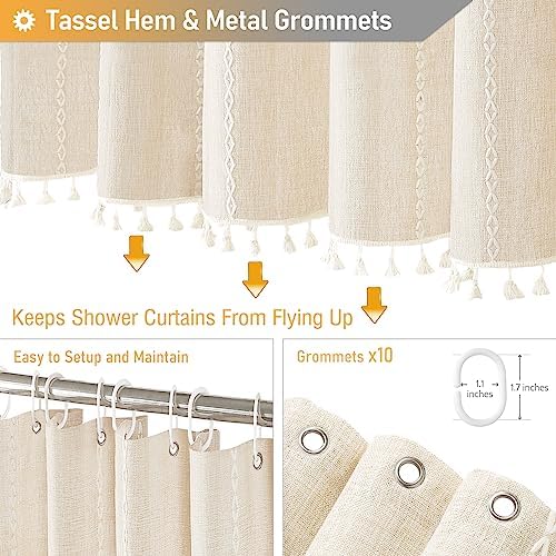 BTTN 60 x 84 Boho Linen Heavy Duty Cloth Shower Curtain Set, Cream/Beige