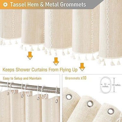 BTTN 60 x 84 Boho Linen Heavy Duty Cloth Shower Curtain Set, Cream/Beige