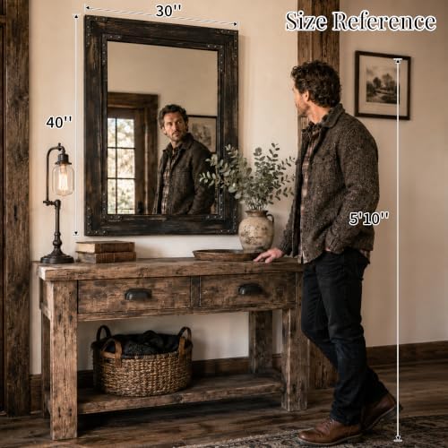 Rustic Black 30x40 Inch Wood Bathroom Vanity Mirror, Rivets