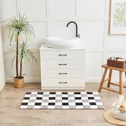CozeCube Jet Black Checkered Bath Runner 59"x24" Non Slip Washable Rug