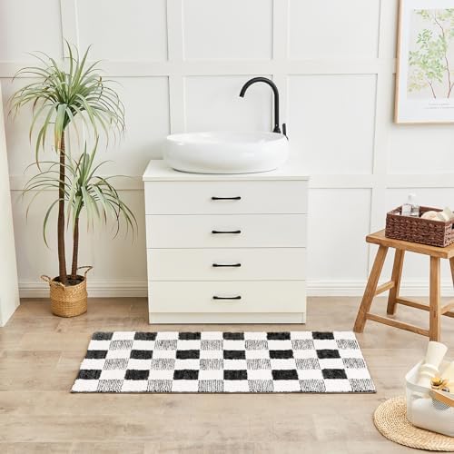 CozeCube Jet Black Checkered Bath Mat 32"x20" Non Slip Washable Rug