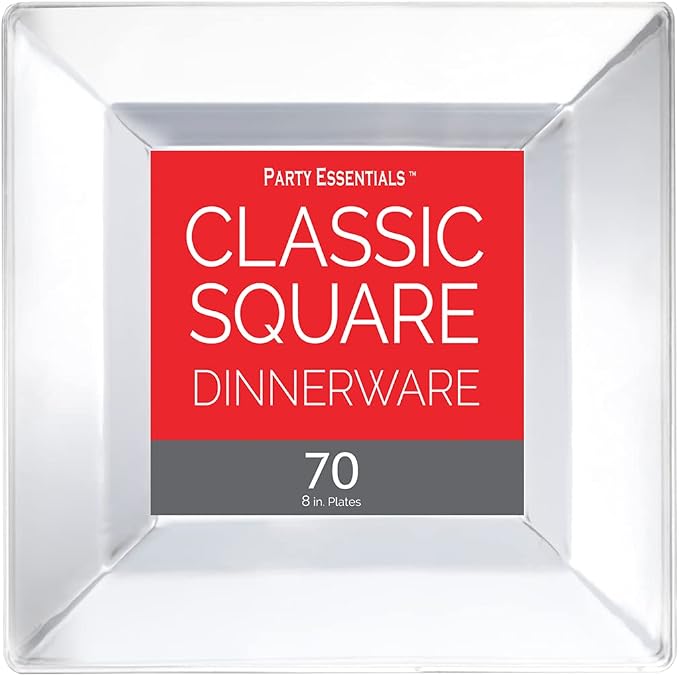 Party Essentials Party Supplies Disposable Classic Square Plastic Plates For Wedding/All Occasions, 8", 70-Count, Clear
