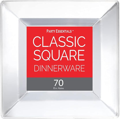 Party Essentials Party Supplies Disposable Classic Square Plastic Plates For Wedding/All Occasions, 8", 70-Count, Clear
