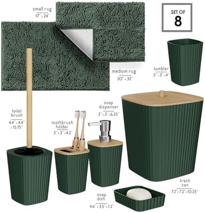 Clara Clark Bathroom Set - Hunter Green Bathroom Accessories Set, 6PC Bathroom Accessory Set, Bathroom Sets with Bathroom Rugs, Toilet Brush, Trash Can & Soap Dispenser