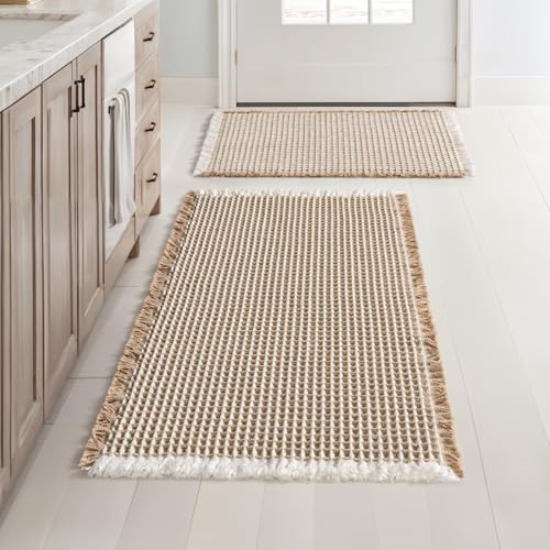 MIULEE Set of 2 Waffle Bathroom Rugs Brown&White Bath Mat 17"x24"+20"x32"