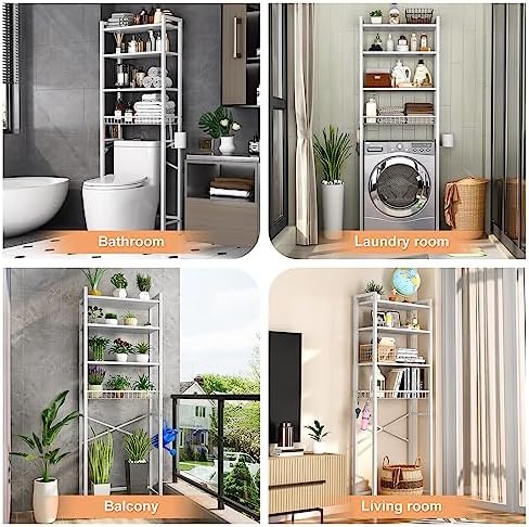 Kalrin Over-The-Toilet Storage Rack, 4-Tier Bathroom Organizer Shelf Over Toilet with Adjustable Shelf and Basket, Freestanding Space Saver Bathroom Shelves Above Toilet for Room (Pure White)
