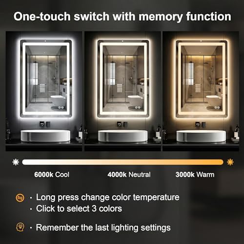 LED Bathroom Mirror with Lights, 20 x 30 Lighted Vanity Wall Mirror