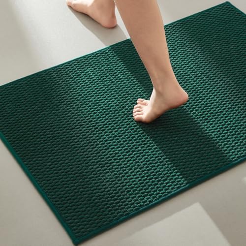 TYUU Bathroom Rugs Non Slip Washable, Super Absorbent Thin Bath Mat Quick Dry Low Pile Bathroom Rug, Dark Green 24"x47"