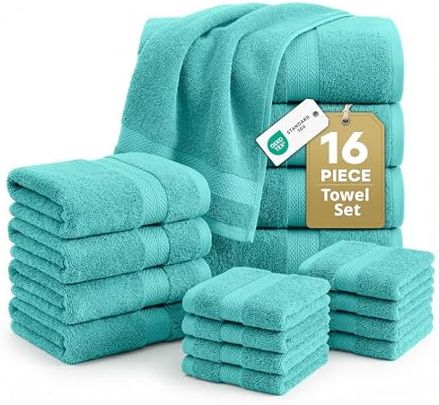 LANE LINEN Towel Set 16 Piece Soft Absorbent Quick Dry 100% Cotton - Teal