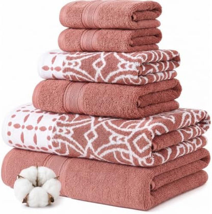 Modern Threads Monroe 6-Piece 100% Cotton Towel Set – Reversible Yarn Dyed Jacquard & Solid – Includes 2 Bath Towels, 2 Hand Towels, 2 Washcloths – Absorbent, Quick Dry, Soft & Durable – Clay