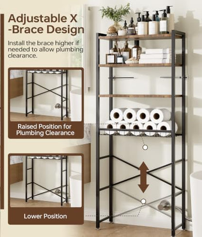 4-Tier Over-the-Toilet Storage Rack with One-Piece Wooden Shelves & Open Net Basket, Bathroom Organizer with Adjustable Feet & Anti-Tip Kit, Space-Saving Toilet Shelf, Brown, 24.4" x 9.4" x 69.3"