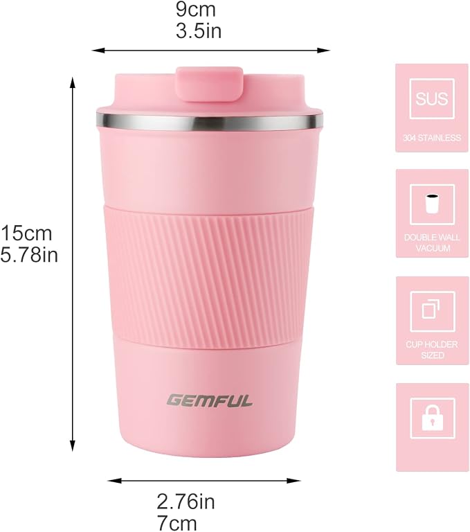 GEMFUL Travel Coffee Mug 13 oz Insulated Coffee Tumbler To Go with Lid Leak Proof Vacuum Stainless Steel Reusable for Hot Cold Drinks (Pink)