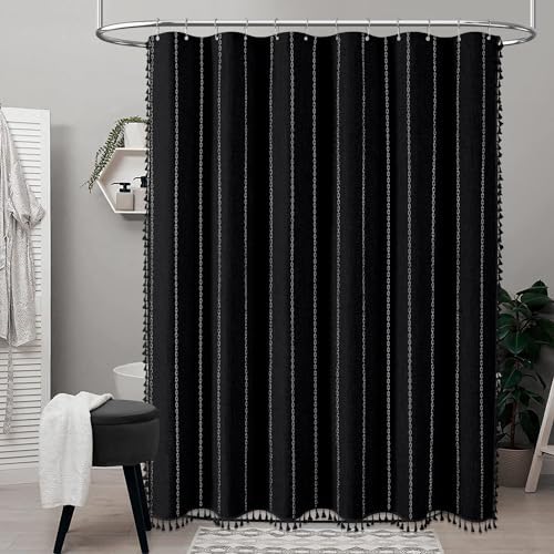 BTTN Black and White Boho Linen Heavy Duty Cloth Shower Curtain Set, 72x72
