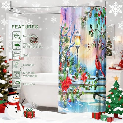 Winter Shower Curtain, Shower Curtains Cardinal Birds Berry Snowman Pine Tree Holiday showercurtain Waterproof Polyester Machine Washable Home Farmhouse Decor Bathroom Curtains