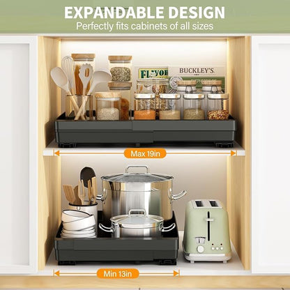 DOMNIU 2 Pack Pull Out Cabinet Organizers Expandable (13''-19''), Plastic Slide Out Drawers for Kitchen, Bathroom, Pantry, Under Sink Storage, Pull Out Drawers Fixed with Adhesive Nano Film (Black)