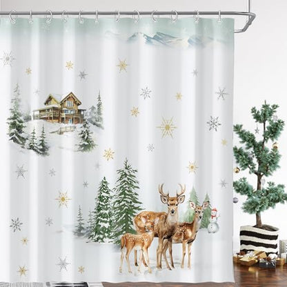 Christmas Winter Forest Shower Curtain for Bathroom 72W*72H Inch Snowman Deer Snowflake Rustic Xmas Pine Tree Farmhouse Country Holiday Decorations Bathtub Decor Waterproof Polyester Fabric Set