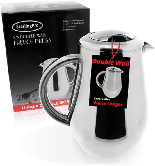 SterlingPro Small Insulated Stainless Steel French Press Coffee Maker 34oz - Insulated Metal Double Wall Insulation Cofee Maker | Mirror Finish | Pear Shape | Include x2 Replacement Filter Screens
