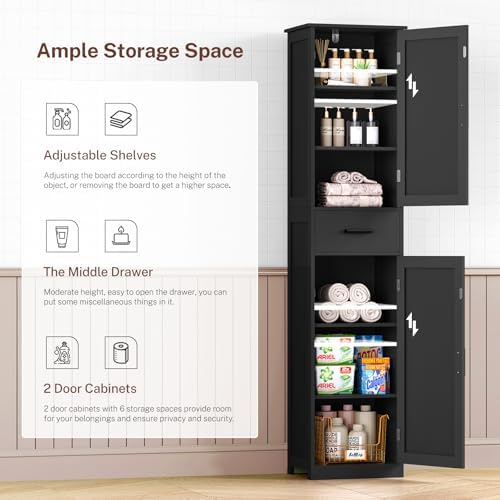 TEENFON Tall Bathroom Cabinet, Storage Cabinet with 6 Shelves & Drawer