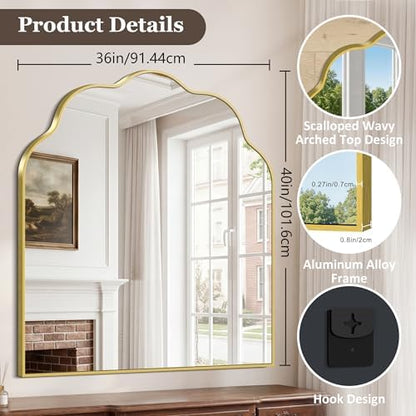 Gold Arched Mirror, 36×40Inch Scalloped Mirror for Bathroom, Wavy Wall Mounted Vanity Mirror with Aluminum Alloy Frame for Livingroom Bedroom and Entryway, Tempered Glass