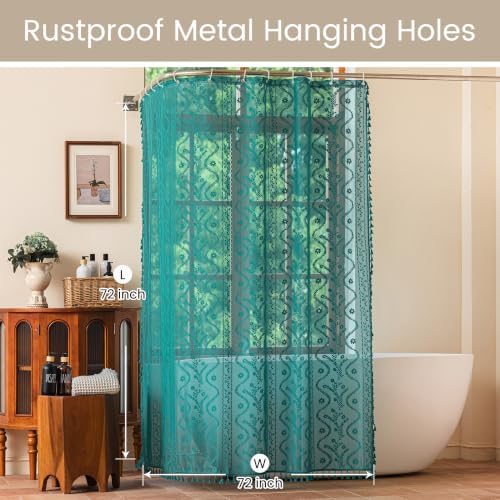 WAZZIO Teal Lace Shower Curtain for Bathroom 72" W x 72" L, Victorian Farmhouse Floral Pattern Tassel Fancy Shower Curtain Boho Washable Cloth Decorative Bath Curtains,1 Panel,Turquoise