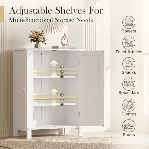 ZENY Bathroom Floor Storage Cabinet with Double Door + Adjustable Shelf, Wooden Organizer Cabinet for Living Room, Bathroom, Bedroom, Modern Home Furniture (White)