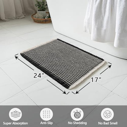 MIULEE Set of 2 Waffle Bathroom Rugs Boho Bath Mat Black&Cream 17x24 Inch