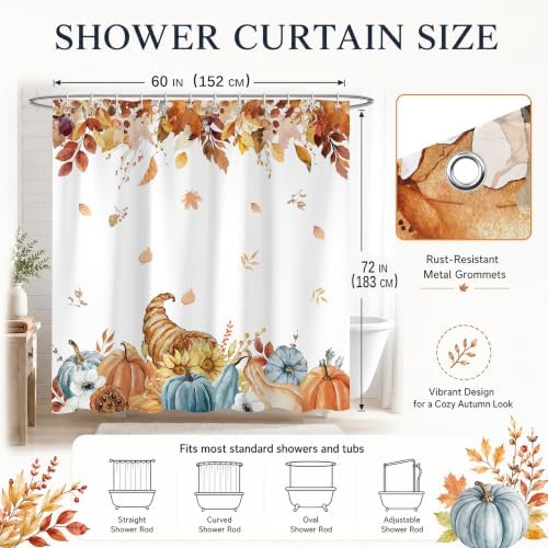 Harvest Pumpkin Shower Curtain, 60 x 72 Inch Watercolor Fall Bathroom Curtain with Autumn Leaves, Cornucopia and Blue Pumpkin Design, Farmhouse Bath Decor