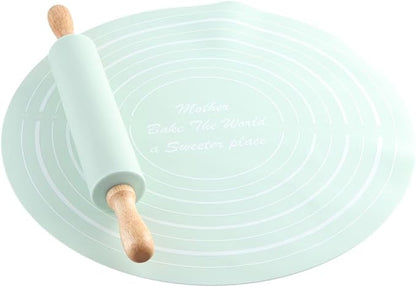 Rolling Pin Dough Mat Set,2 Pcs/Set Wood Rolling Pin Silicone Pastry Mat,Non-Stick Dough Mat With Scale Househeld Bakeware Baking Tool Kits