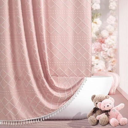 Siiluminisoy Extra Long Boho Shower Curtain with Tassels 72 x 90, Pink and White