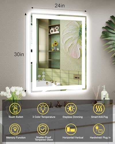 24x30 LED Bathroom Mirror, 6000LM, Separate Front and Back Lights