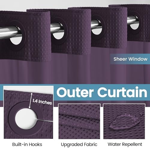 EUTXL Heavyweight Waffle No Hook Shower Curtain with Liner, Purple, 71x74