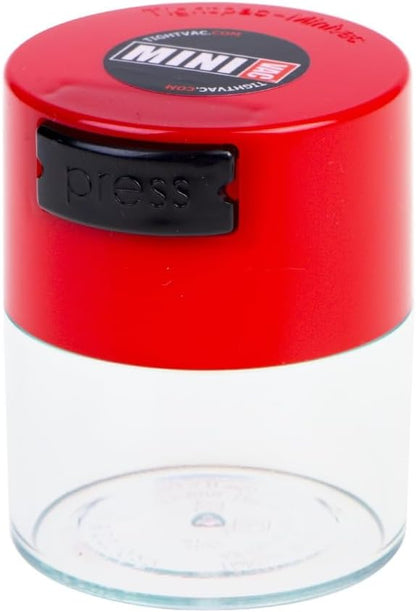 TIGHTPAC MINIVAC Portable Vacuum Seal Airtight Container – Keeps Coffee Beans, Grounds, Tea, Spices & Herbs Fresh Longer – Travel-Ready, NSF-Certified Food-Grade Storage, 10 to 30 Grams, Red Clear