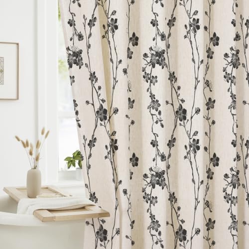 Gibelle Black Farmhouse Linen Shower Curtain, Boho Floral Fabric, 72 x 78