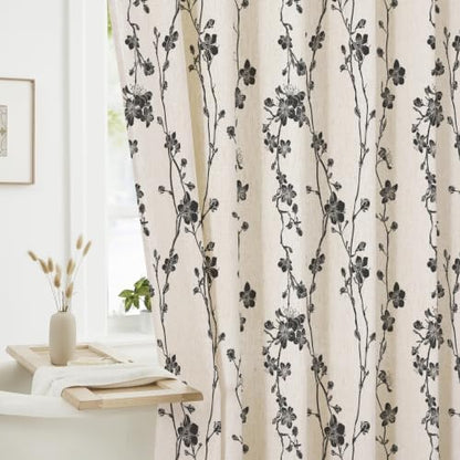 Gibelle Black Farmhouse Linen Shower Curtain, Boho Floral Fabric, 72 x 78