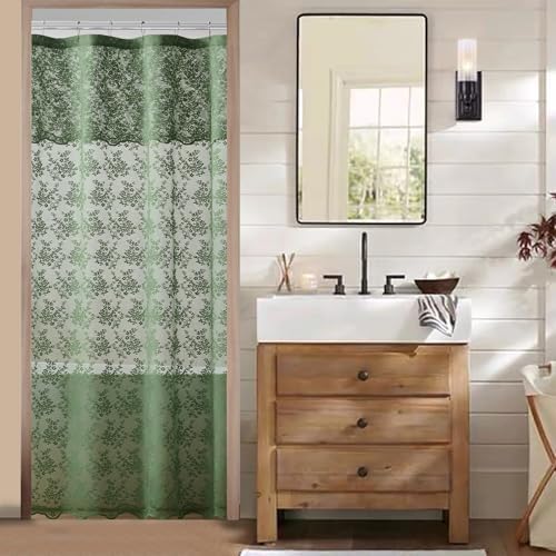 TUDECO Green Stall Shower Curtain with Attached Valance, 36'' x 72''