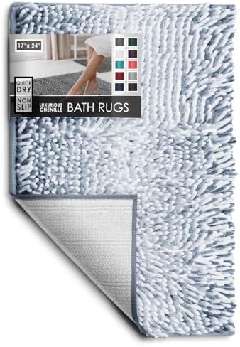 Hearth & Harbor Bathroom Rugs, Chenille Bath Mat - Machine Washable Bath Mats for Bathroom Non-Slip Backing Rubber, Quick Dry Bathroom Mat, 17 x 24 - Ombre Blue