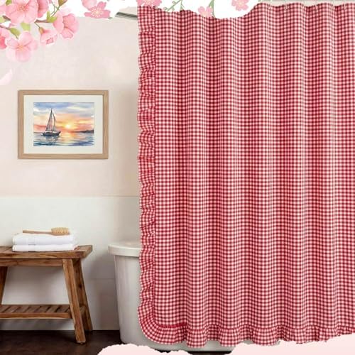 HunnmingRe Ruffled Gingham Shower Curtain Red