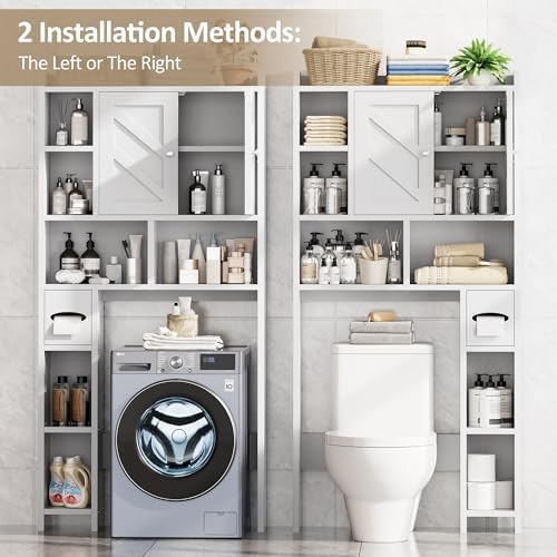 Over the Toilet Storage Cabinet, Freestanding Storage Cabinet Over Toilet, Bathroom Storages Organizer Cabinets with Toilet Paper Holder Stand and Adjustable Shelf, White