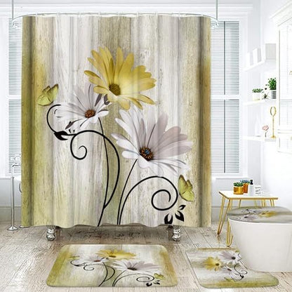 Onalasyc 4PCS Yellow Daisy Bathroom Sets with Shower Curtain and Rugs
